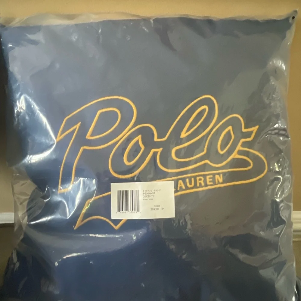Polo by Ralph Lauren Varsity Script Throw Pillow - Navy Blue and Yellow 20x20in - Picture 2 of 2